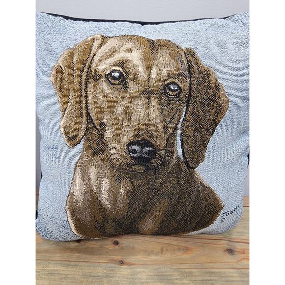 Dachshund Dog Tapestry Throw Pillows 14" x 14” Signed Judy GIBSON Set Of 2 - Picture 3 of 7